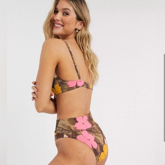 Aerie High Cut Cheeky Bikini Bottom Scoop Rib Top Set Brown Pink - Picture 6 of 14